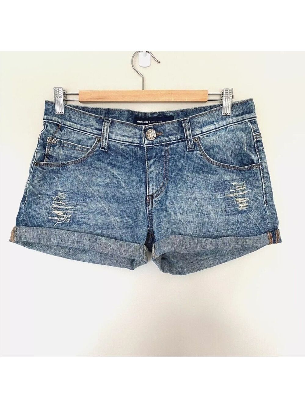 Miss Sixty Y2K Denim Cuffed Shorts Distressed Size 28 Made in Italy